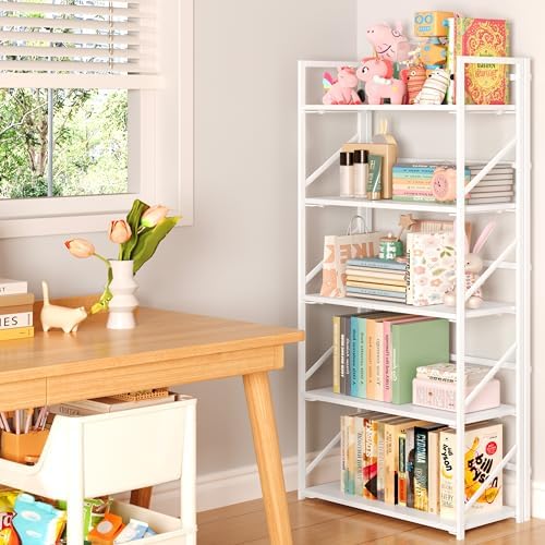 JSB No Assembly Folding Bookshelf, 5 Tier Industrial Metal Book Shelf for Sto...
