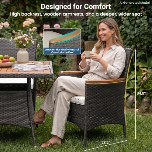 Wisteria Lane Rattan Patio Table and Chairs Set with Acacia Wood Tabletop