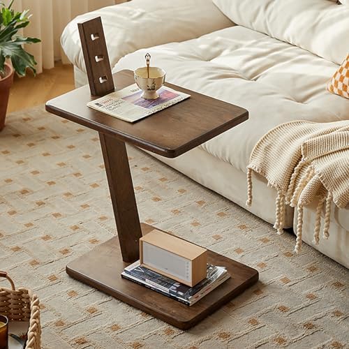 Solid Wood 2-Tier Side Table with Adjustable Height, Mobile End Table & S...