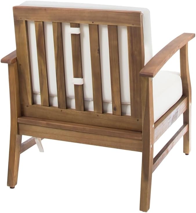 Weatherproof Acacia Wood Outdoor Arm Chair with Beige Cushions, Indoor & ...