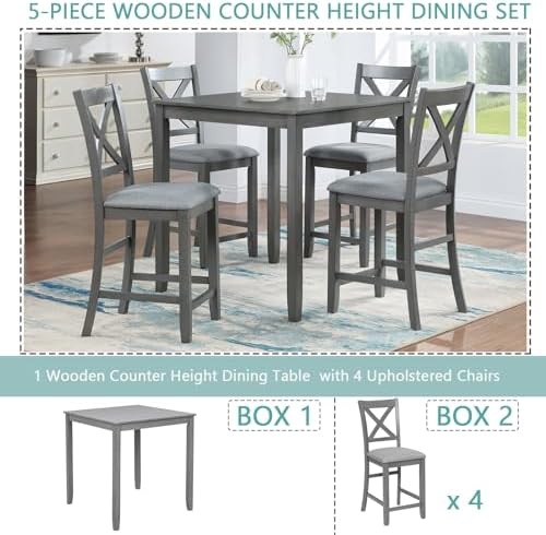 LUMISOL 5-Piece Solid Wood Table Set for 4, Farmhouse Counter Height Kitchen ...