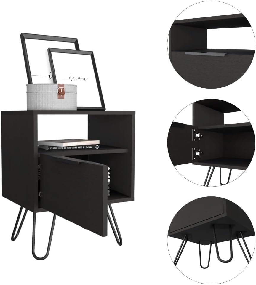 Nightstand, End Table, Side Table Single Door Cabinet, Hairpin Legs -Black,fo...