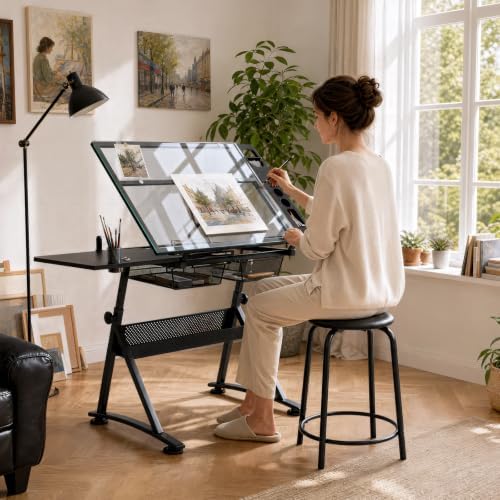 Athena Collection Glass Drafting Table W/Stool, Tilting Art Desk, Black