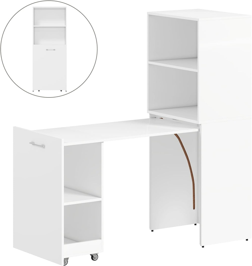 Zevemomo Folding Desk, Convertible Table with Shelves & Wheels - White
