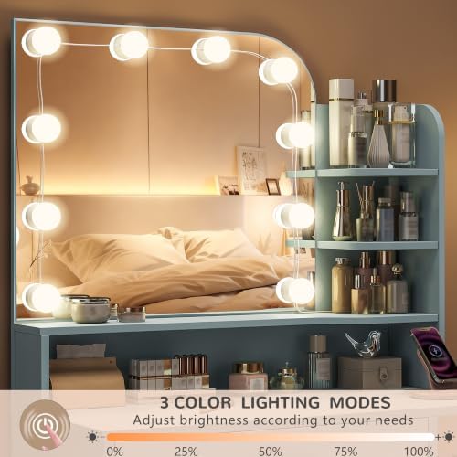 Small Vanity Desk with Mirror and Lights, 26.4" W Girls Vanity Set with ...