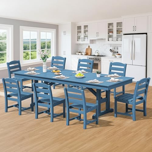SERWALL 9Pcs 84" HDPE Outdoor Dining Set for 8 with Armless Chairs,Blue