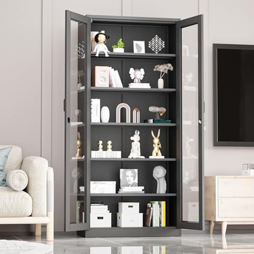 VINGLI Lockable Display Cabinet with Glass Doors & 5 Adjustable Shelves, ...