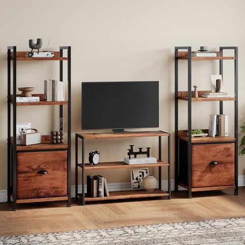 DUMOS 4 Tier Bookshelf with Fabric Drawer, Display Standing Shelf, Brown