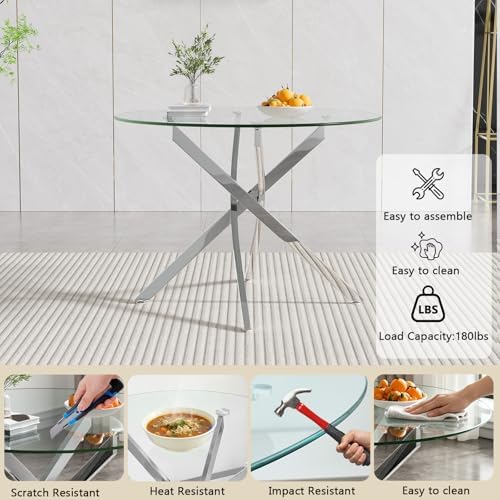 HomVent 36''Silver Round Glass Dining Table Set for 4 for Family Gath...