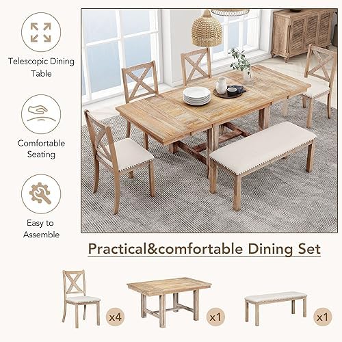 Merax Dining Table Set for 6, 82“ Extendable Dining Table with Footrest, 4 Up...