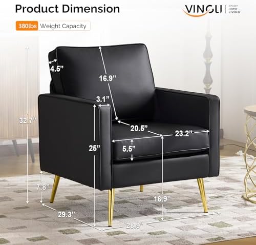 VINGLI Faux Leather Accent Chairs Set of 2 with Gold Legs for Living Room | B...