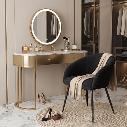 Modern Vanity Chair, Living Room Chair with Metal Legs,Teddy Fabric Dining Ch...