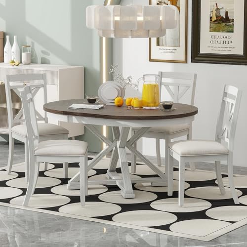 Merax Round Dining Table Set for 4, Farmhouse Kitchen Table Set with Extendab...