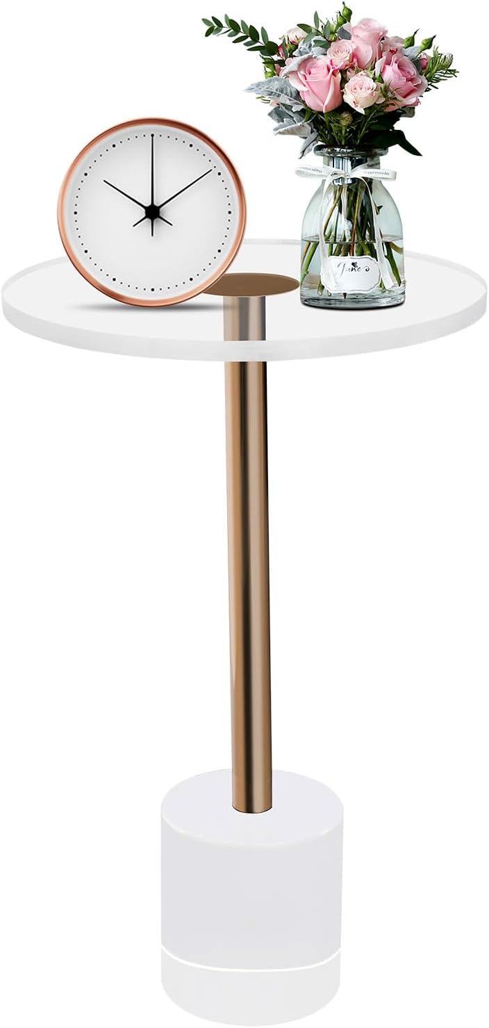 Modern Side Table with Cylindrical Base, Clear Acrylic End Table, Brushed Bra...