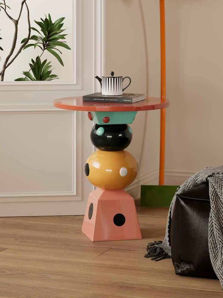Colorful Stacked Side Table – Modern Memphis Style Geometric Accent Table, Pl...