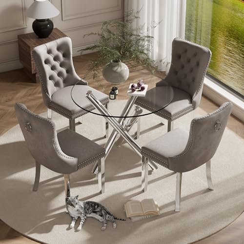 Modern Silver Round Glass Dining Table Set for 4, 36'' Luxury Minimal...