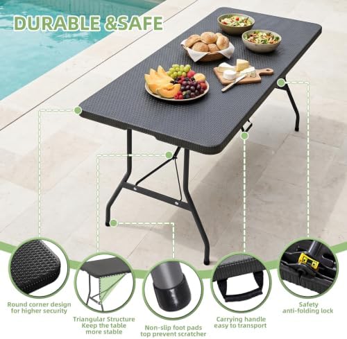 6FT Folding Table Portable Picnic Table Heavy-Duty Fold-in-Half Utility 6 Foo...