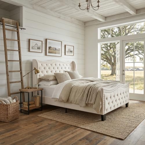 Queen Upholstered Bed Frame, 50-Inch Wingback Headboard, Cream White