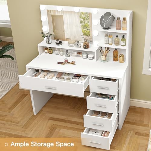 Quimoo Vanity Desk with Mirror & Lights, Makeup Vanity with 5 Drawers &am...