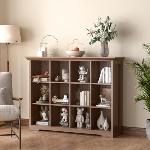 OSCHF 12-Cube Open Bookcase with Base, 3-Tier Wooden Bookshelf, Walnut
