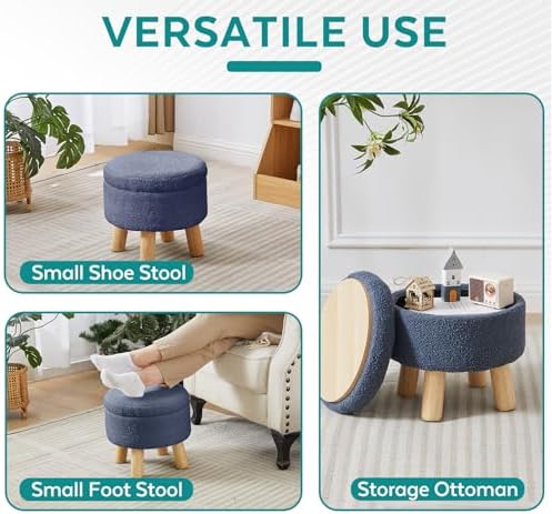 Small Foot Stool Ottoman with Storage, Sherpa Ottoman Foot Rest for Couch, Ro...