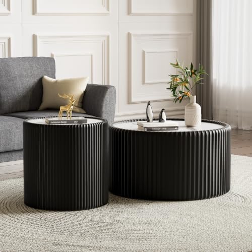 Round Coffee Table Set of 2 with Sintered Stone Top Cylinder-Shape Coffee Sid...