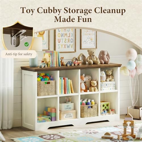 OffiGo 8 Cube Organizer Bookcase, Cube Shelf with Storage, Walnut + White