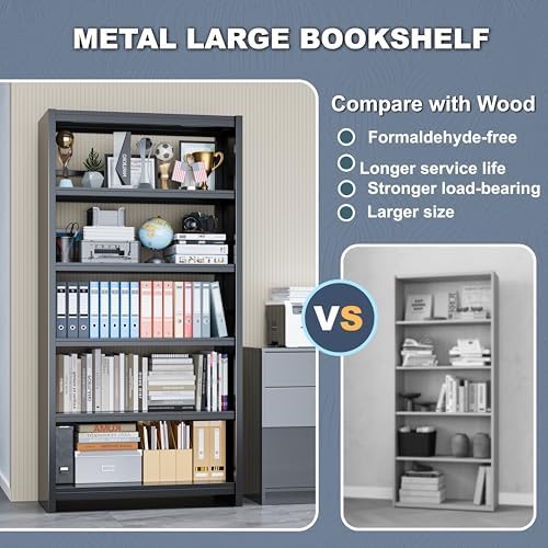 5 Tier Metal Bookshelf, Black 69" Tall Bookcase, Large Heavy Duty Book S...