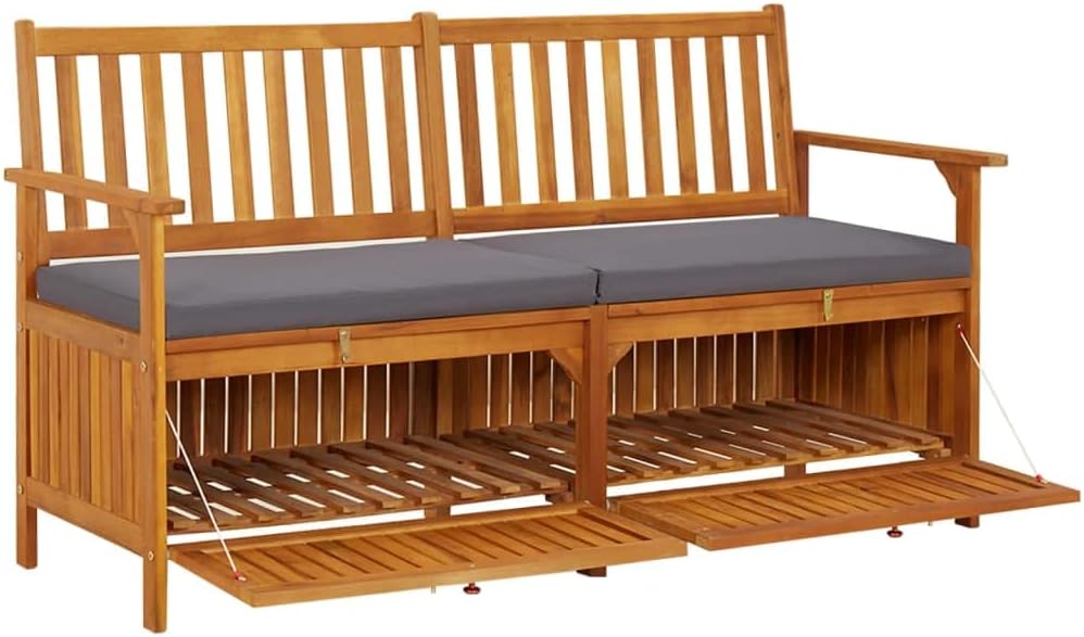 Outdoor Storage Bench with Cushion 58.3 inch Solid Acacia Wood Patio Entryway...