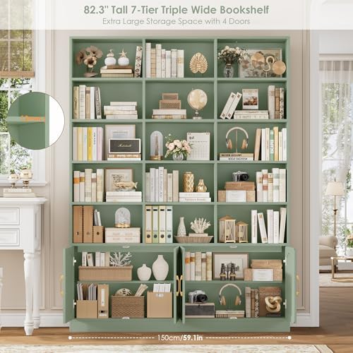 FACBOTALL 82.3" Triple Wide Bookshelf, Tall Bookcase with 4 Doors, Green