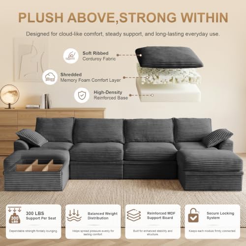 142" Upgraded Couch with Storage, Modular Sectional Couches for Living R...