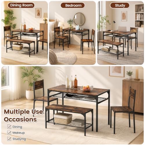 COSTWAY Dining Table Set for 4 with Bench & 2 Chairs, Storage Racks