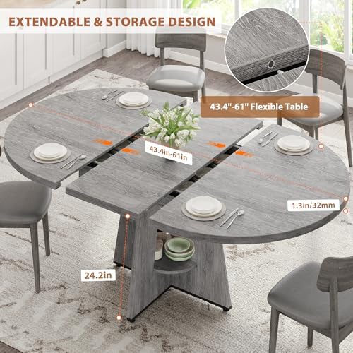 Extendable Dining Table, Round Kitchen Dining Room Dinner Table with for 4 6 ...