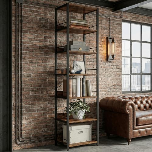 IRONCK 75" Tall Narrow Book Shelf, 6-Tier Open Bookshelf, Rustic Brown