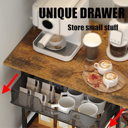 3 Tier Slim Rolling Coffee Cart with 2-Door & Pull-Out Wire Basket Drawer...