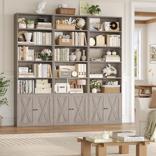 FACBOTALL 82" Tall Bookcase, Farmhouse Bookshelf with Doors, Gray