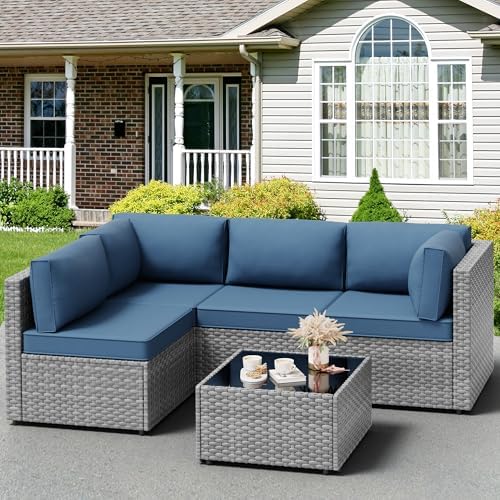 Vongrasig 5 Pieces Patio Furniture Set with Cushion, Glass Table, Navy Blue