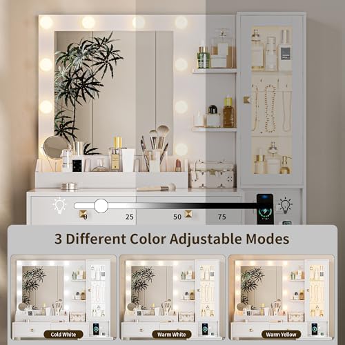HUANLEGO Vanity Desk with Mirror and Lights, White Makeup Vanity Mirror with ...