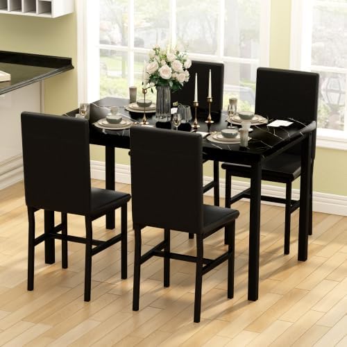 Hooseng Dining Table Set for 4, Modern Kitchen Table Chairs Set of 4, Black