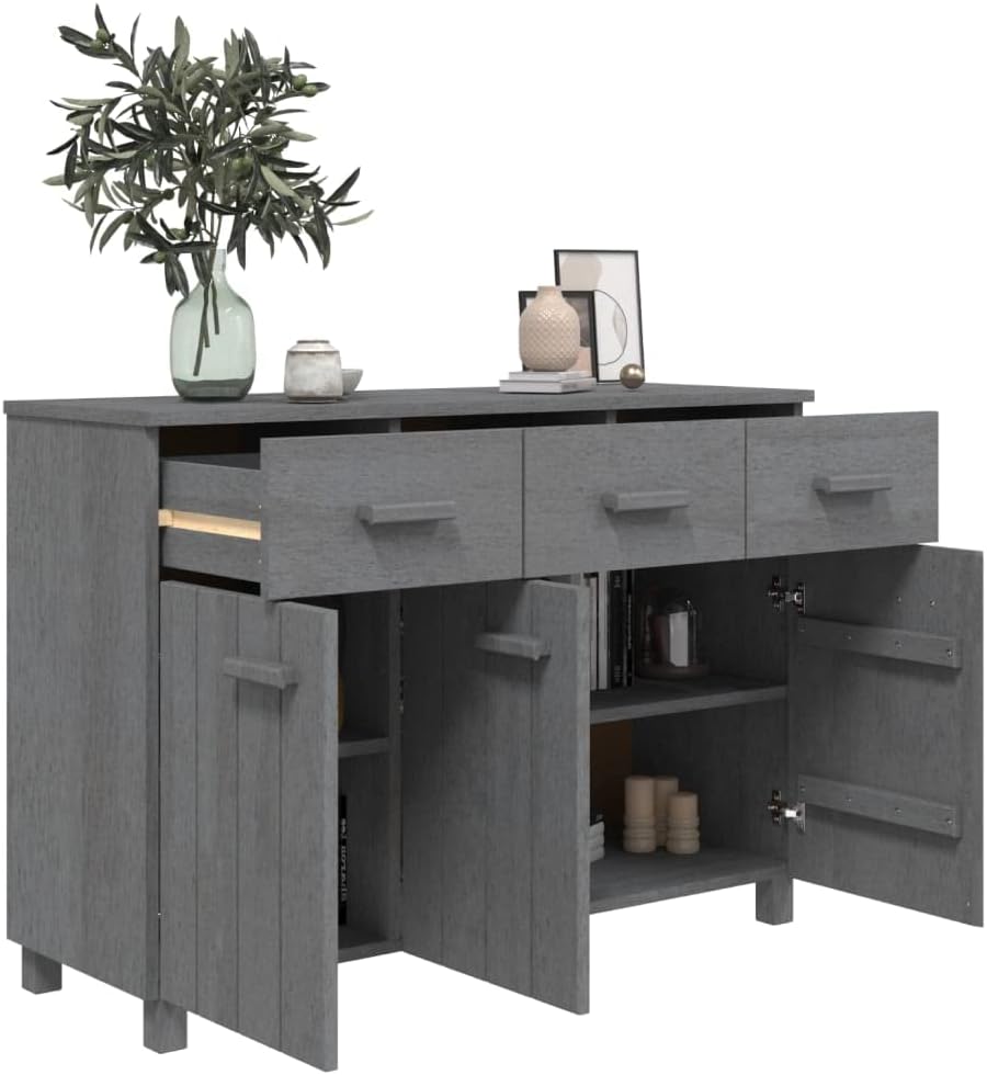 Sideboard Buffet Cabinet, Dark Grey Solid Pine Wood Credenza with 3 Drawers a...