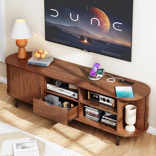 ONBRILL 69" TV Stand with Power Outlet for TVs up to 80", Walnut | ...
