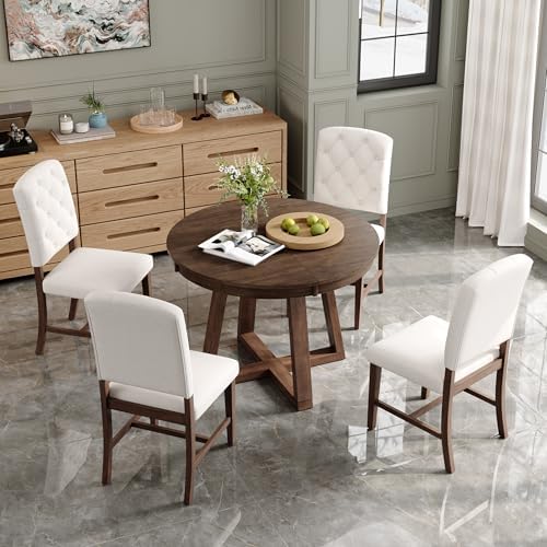 LUMISOL Extendable Round Dining Table Set for 4-6, 5-Piece Farmhouse Kitchen ...