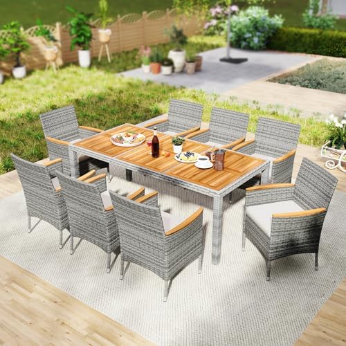 Tangkula 9 Pieces Patio PE Wicker Dining Set, Outdoor Acacia Wood Table and C...