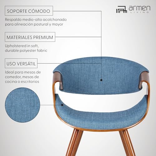 Armen Living Butterfly Mid-Century Dining Chair in Walnut Finish and Blue Fab...
