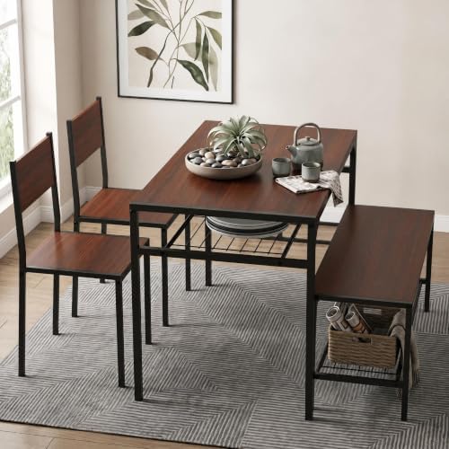 COSTWAY Dining Table Set for 4 with Bench & 2 Chairs, Storage Racks, Walnut