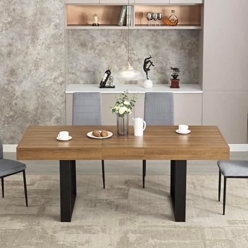 63-79 Inch Extendable Dining Table, Wooden Rectangle Kitchen Table for 6-8