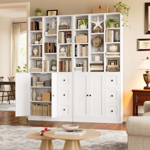 IRONCK Bookshelf with 2 Doors and 3 Drawers, 71" Storage Bookcase, White
