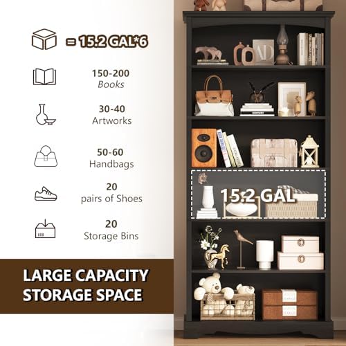 TVU 6-Tier Wooden Bookshelf, 76 Inch Tall Bookshelf with Storage, Floor Stand...