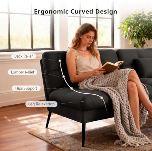 COMHOMA 72″ Convertible Futon Sofa Bed, Adjustable Backrest, Black | Breathab...