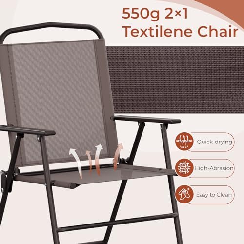 TLSUNNY 6 Pieces Glass Table and Folding Textilene Chairs with 65″ Umbrella